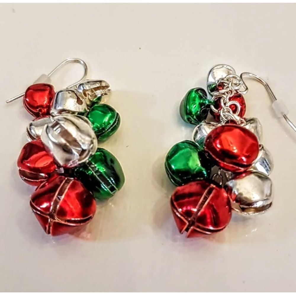 Christmas Earrings Red Green Silver Jingle Bells Dangles Pierced French Hooks